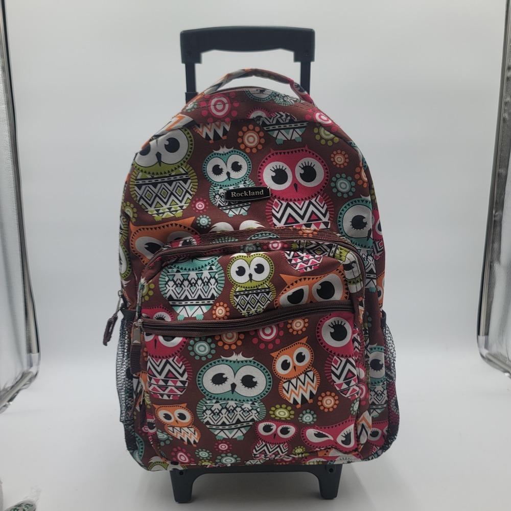 Rockland Rolling Backpack Owl Print Brown Pink Teal School Travel Luggage 17"